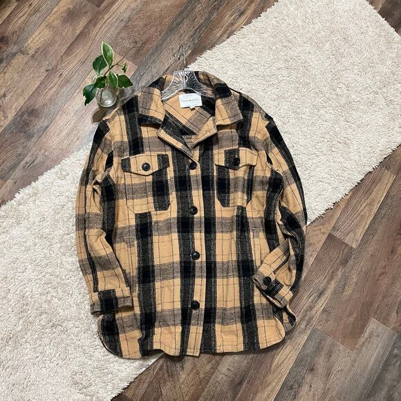 Lucky Brand Size Medium Tan Black Plaid Oversized Flannel Coat Shacket Jacket - Picture 1 of 6